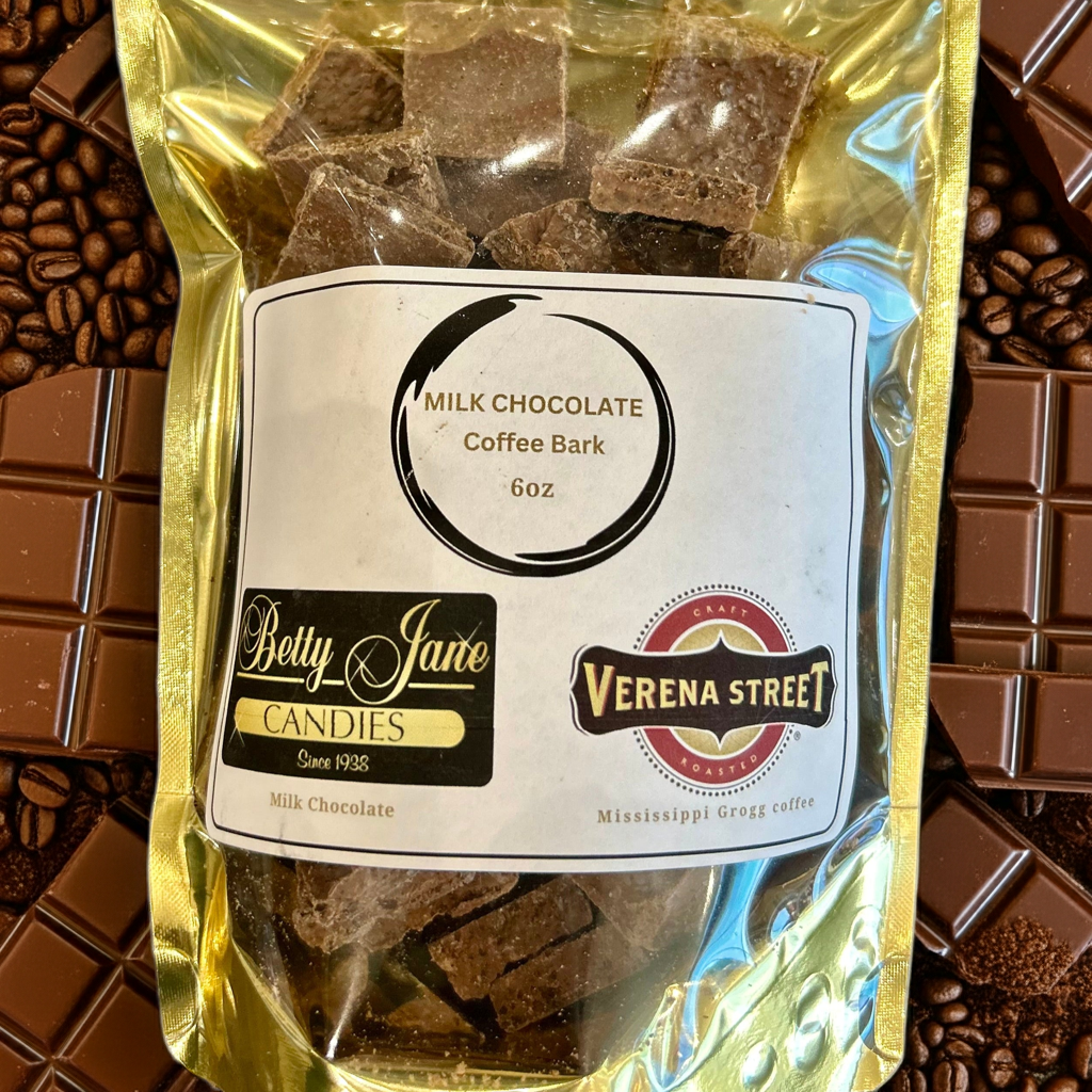 6oz Betty Jane Milk Chocolate Mississippi Grogg Coffee Bark 6oz Betty Jane Milk Chocolate Mississippi Grogg Coffee Bark