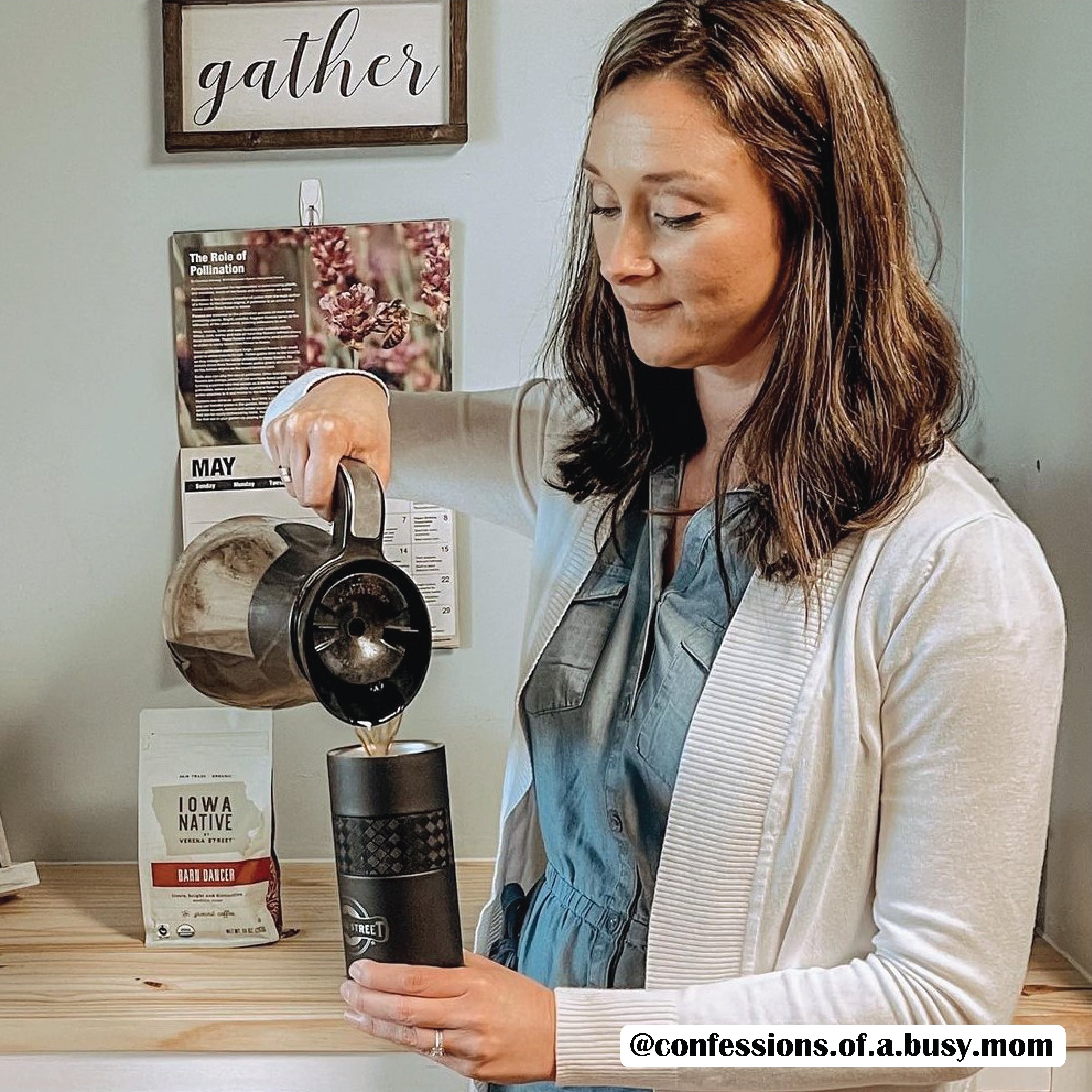 A lady pouring a cup of coffee next to a bag of Barn Dancer - Fair Trade Organic ground coffee