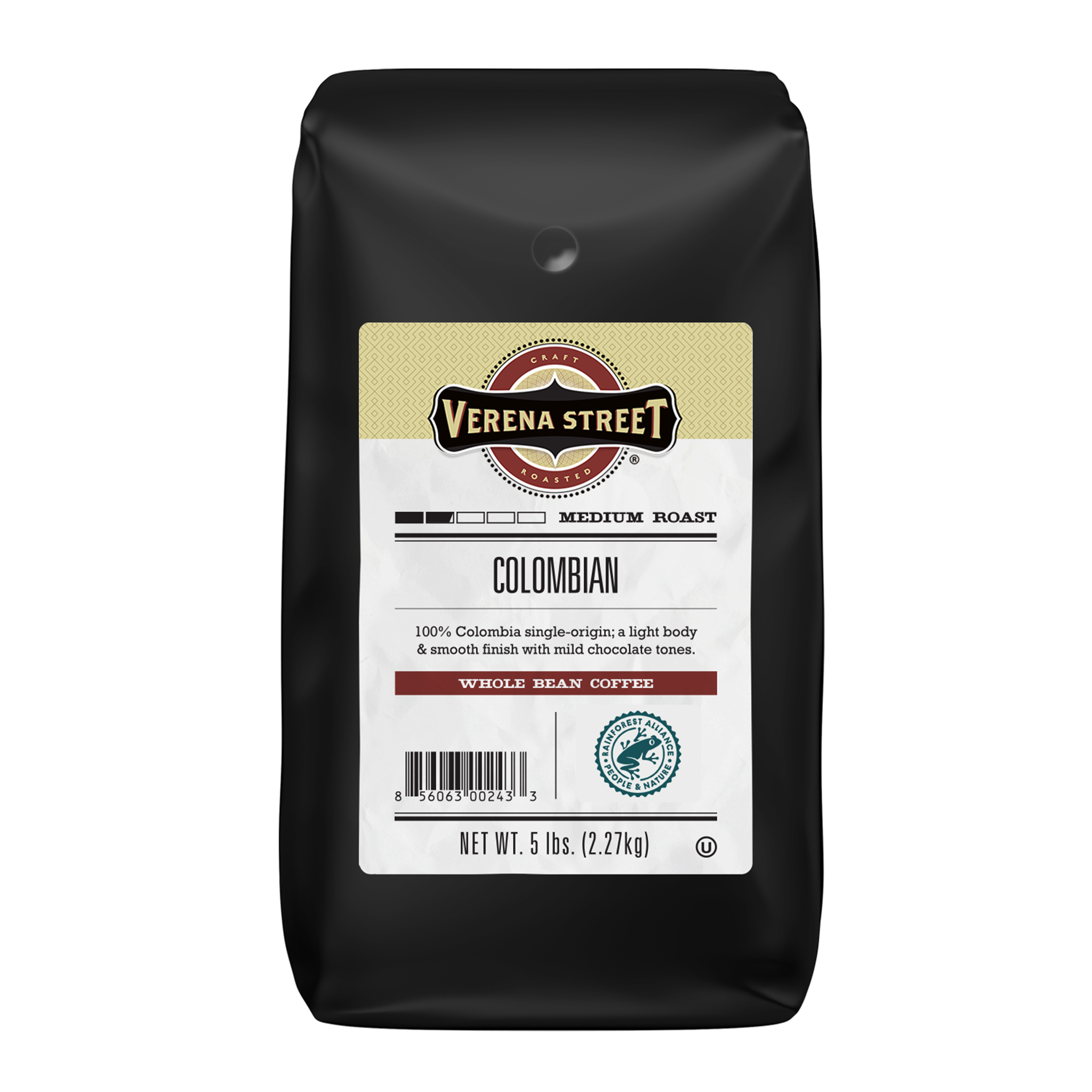 Black coffee bag with Verena Street label on a white background