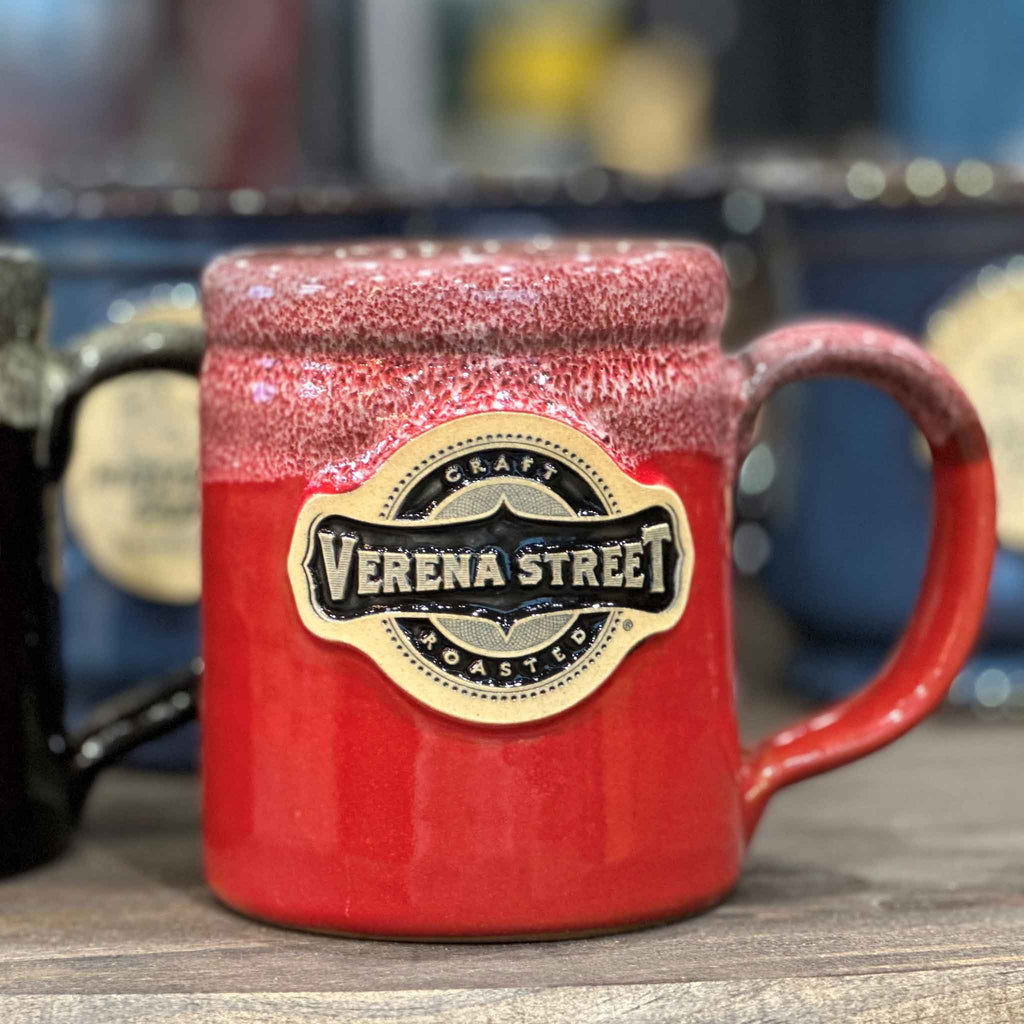 14oz + Camper Pottery Mug, Red with Black and White Glaze - Verena Street Coffee Co.