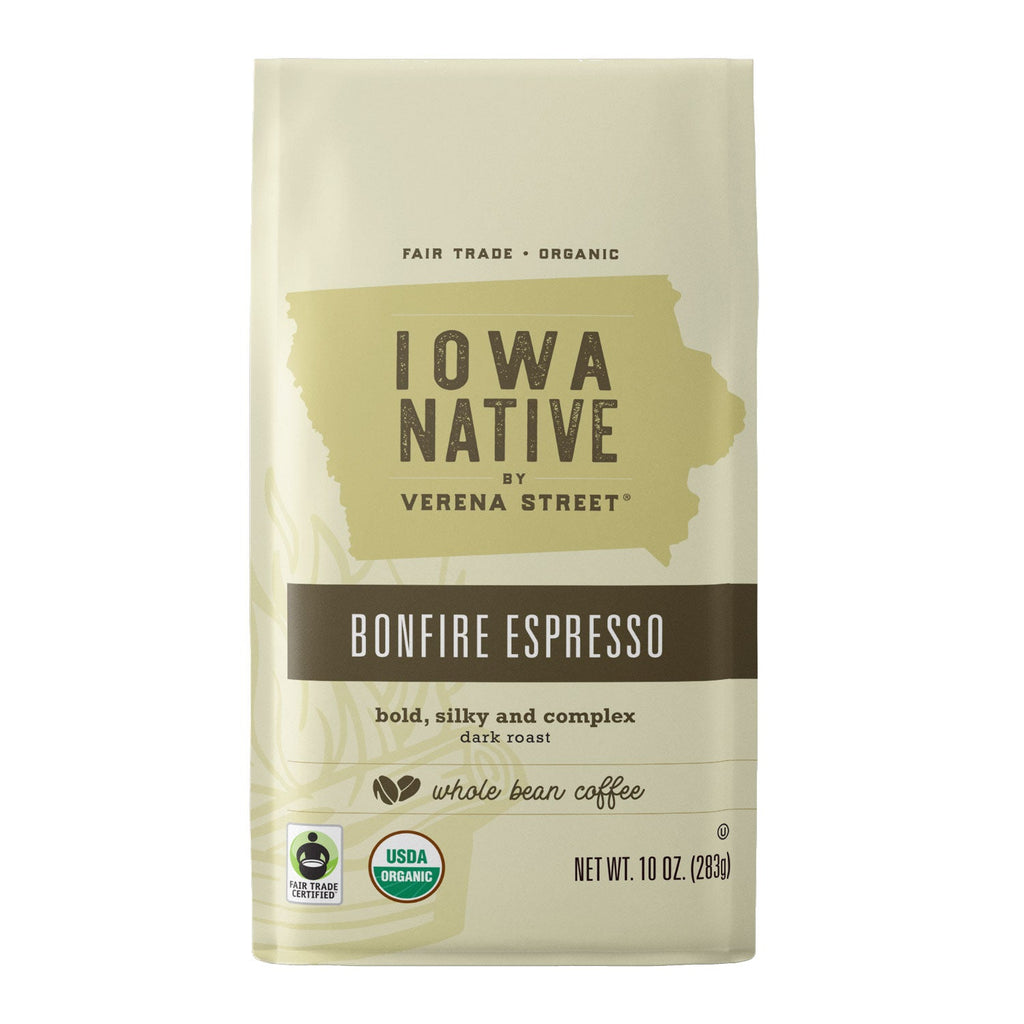 Iowa Native Fair Trade Organic Coffee 10oz whole bean Bonfire Espresso - Fair Trade Organic whole bean coffee